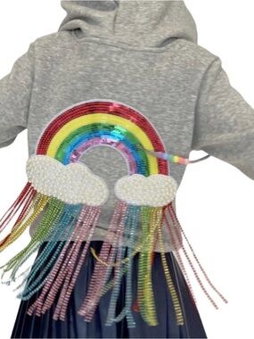 Lola + The Boys Gray Hoodie with Sequin Rainbow and Fringe Clouds